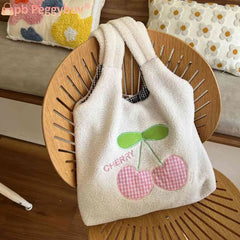 Fluffy Shopping Bag Cherry Cartoon Autumn Winter Student Book Bag
