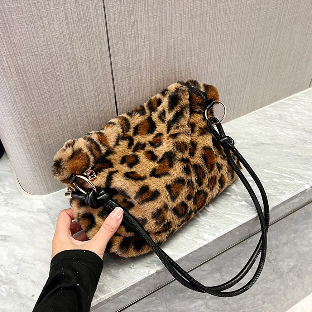 Leopard Plush Top-handle Bag for Women Casual Autumn Winter Commute Shopping