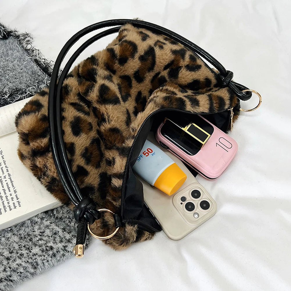 Leopard Plush Top-handle Bag for Women Casual Autumn Winter Commute Shopping