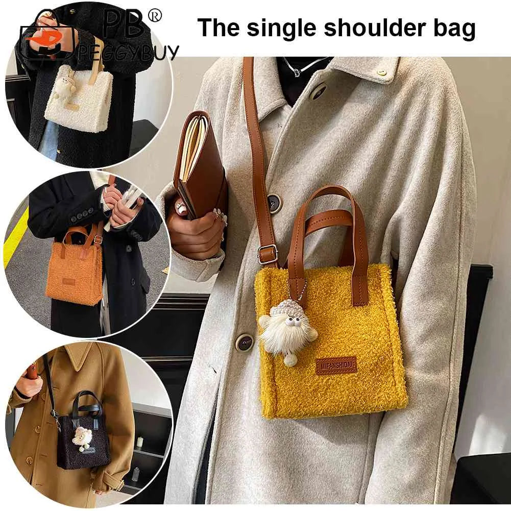 Soft Faux Lambswool Handbag with Pendant for Winter