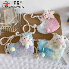 Women's Soft Peach Heart Handbag with Bear Pendant
