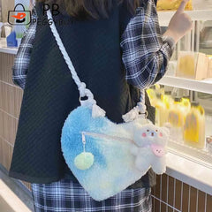 Women's Soft Peach Heart Handbag with Bear Pendant