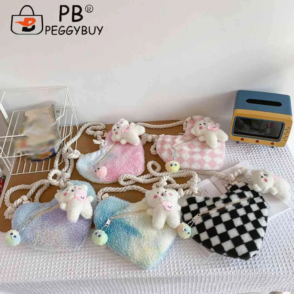 Women's Soft Peach Heart Handbag with Bear Pendant