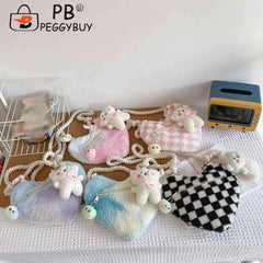 Women's Soft Peach Heart Handbag with Bear Pendant