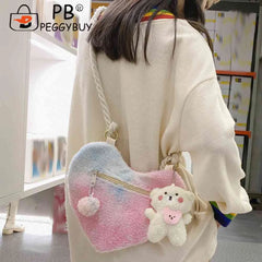 Women's Soft Peach Heart Handbag with Bear Pendant