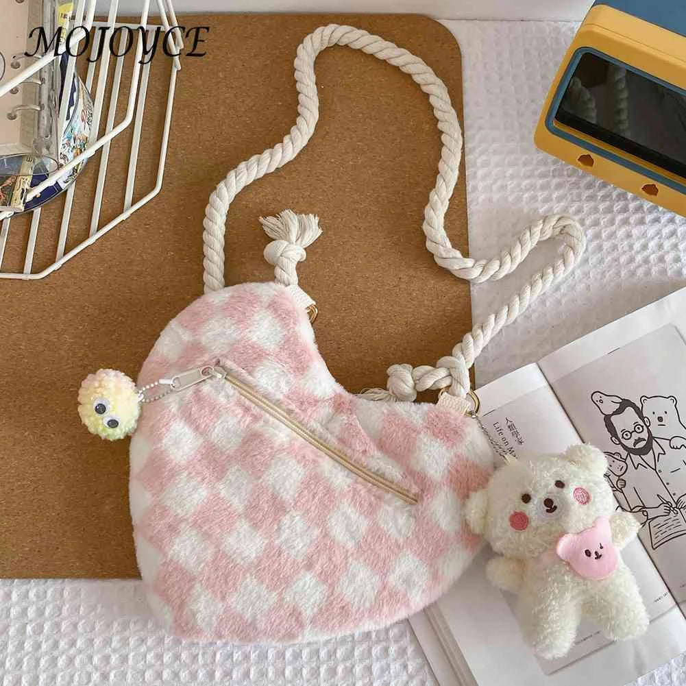 Plush Underarm Bag Lightweight Women Handbag with Cartoon Pendant