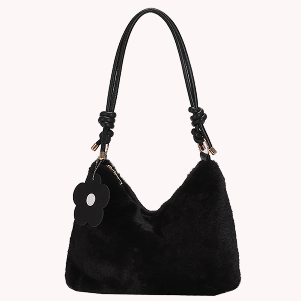 Plush Lady Crossbody Bag with Flower Pendant