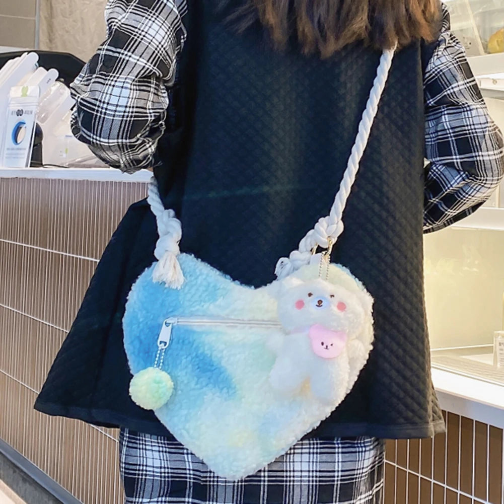 Plush Messenger Bag Lightweight Women Peach Heart Bag Soft Small Casual Zipper P