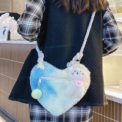 Plush Messenger Bag Lightweight Women Peach Heart Bag Soft Small Casual Zipper P
