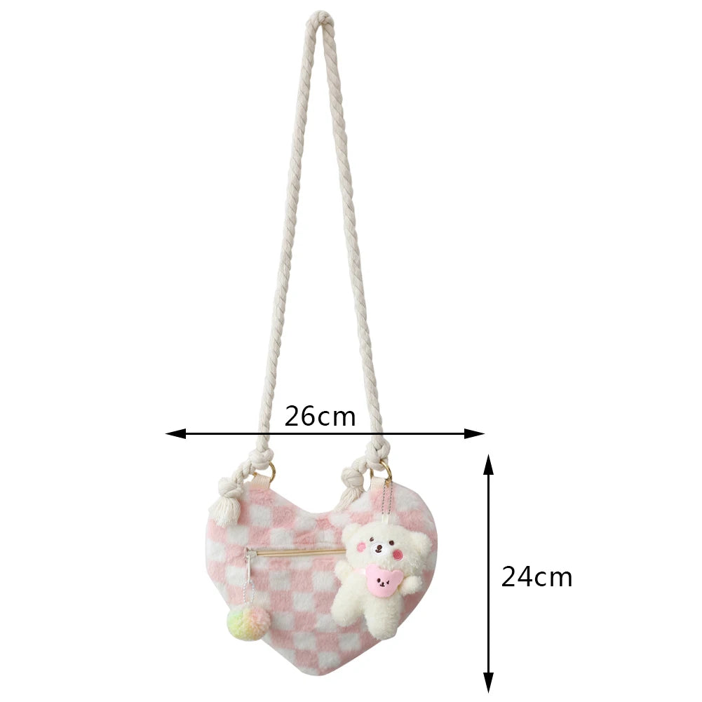 Plush Messenger Bag Lightweight Women Peach Heart Bag Soft Small Casual Zipper P