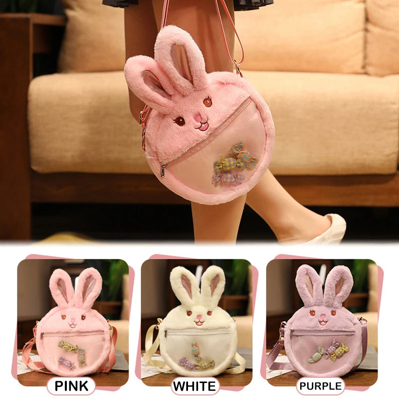 Fluffy Rabbit Crossbody Bag for Girls Women Zipper Shoulder Satchel H9