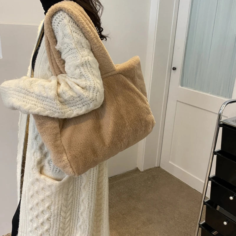 Winter Plush Shoulder Shopper Bag Women Large Tote Fluffy Fur Soft Fabric Handba