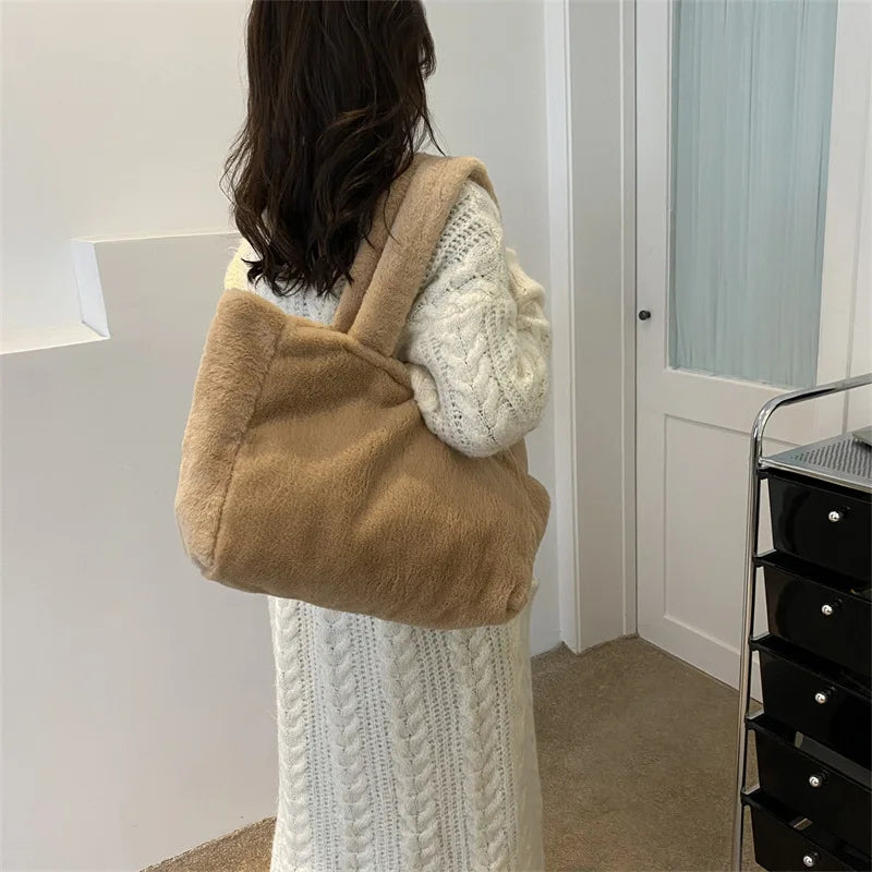 Winter Plush Shoulder Shopper Bag for Women Soft Fabric Fluffy Fur Large Handbag