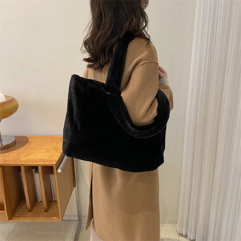 Winter Plush Shoulder Shopper Bag for Women Soft Fabric Fluffy Fur Large Handbag