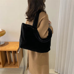 Winter Plush Shoulder Shopper Bag for Women Soft Fabric Fluffy Fur Large Handbag