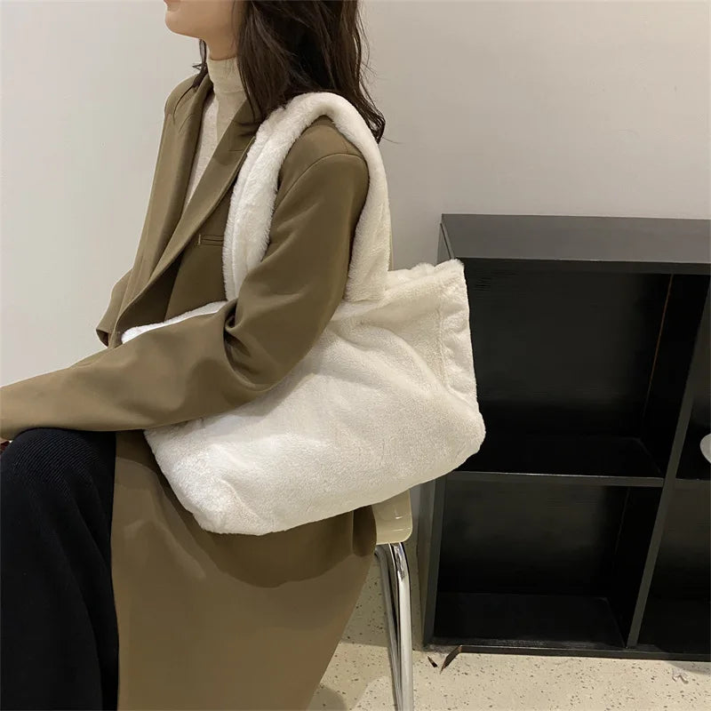 Winter Plush Shoulder Shopper Bag for Women Soft Fabric Fluffy Fur Large Handbag