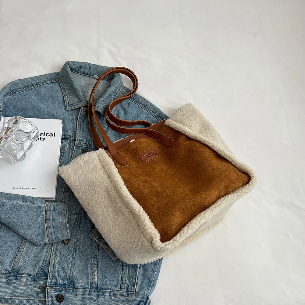 Plush Splicing Shoulder Bag Large Capacity Top-handle Bag