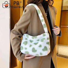 Love Heart Print Fluffy Top-handle Bag for Holiday Party