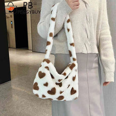 Love Heart Print Fluffy Top-handle Bag for Holiday Party