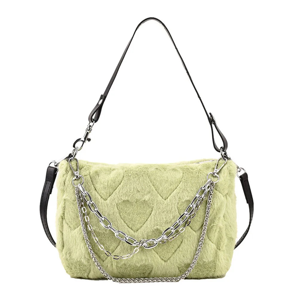Plush Top-handle Bag Soft Fluffy Purse with Multi-layer Chains for Travel