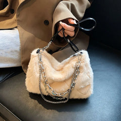 Plush Top-handle Bag Soft Fluffy Purse with Multi-layer Chains for Travel