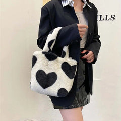 Leopard Print Plush Tote Bag for Women Soft Handbag Winter Messenger Bag