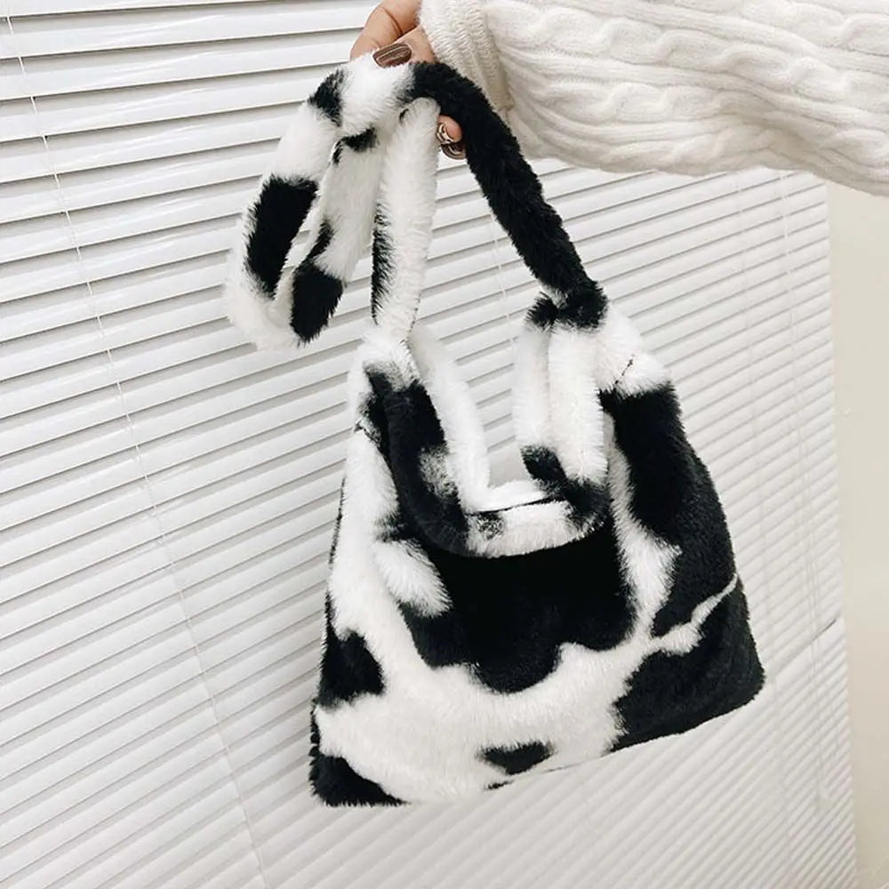 Leopard Print Plush Tote Bag for Women Soft Handbag Winter Messenger Bag