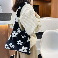 Leopard Print Plush Tote Bag for Women Soft Handbag Winter Messenger Bag