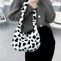 Leopard Print Plush Tote Bag for Women Soft Handbag Winter Messenger Bag