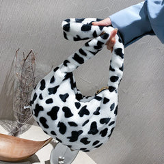 Leopard Print Plush Tote Bag for Women Soft Handbag Winter Messenger Bag