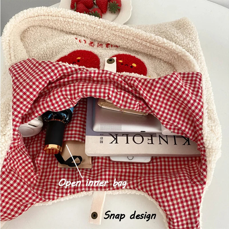 Cherry Embroidery Tote Bag Women Autumn Winter Plush Handbag Eco Shoulder