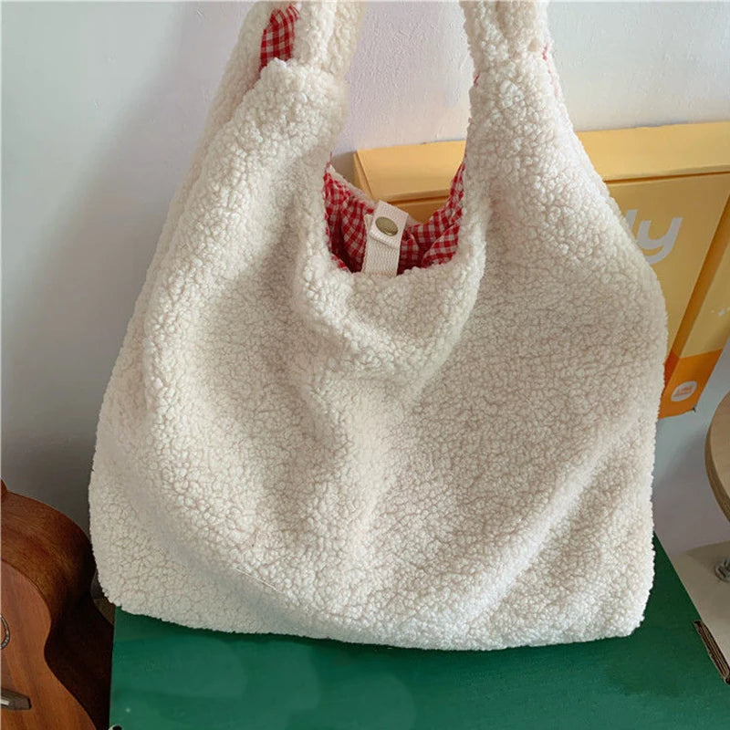 Cherry Embroidery Tote Bag Women Autumn Winter Plush Handbag Eco Shoulder