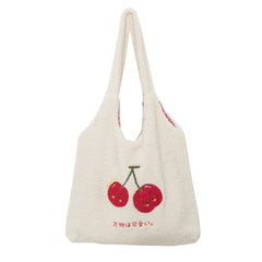 Cherry Embroidery Tote Bag Women Autumn Winter Plush Handbag Eco Shoulder