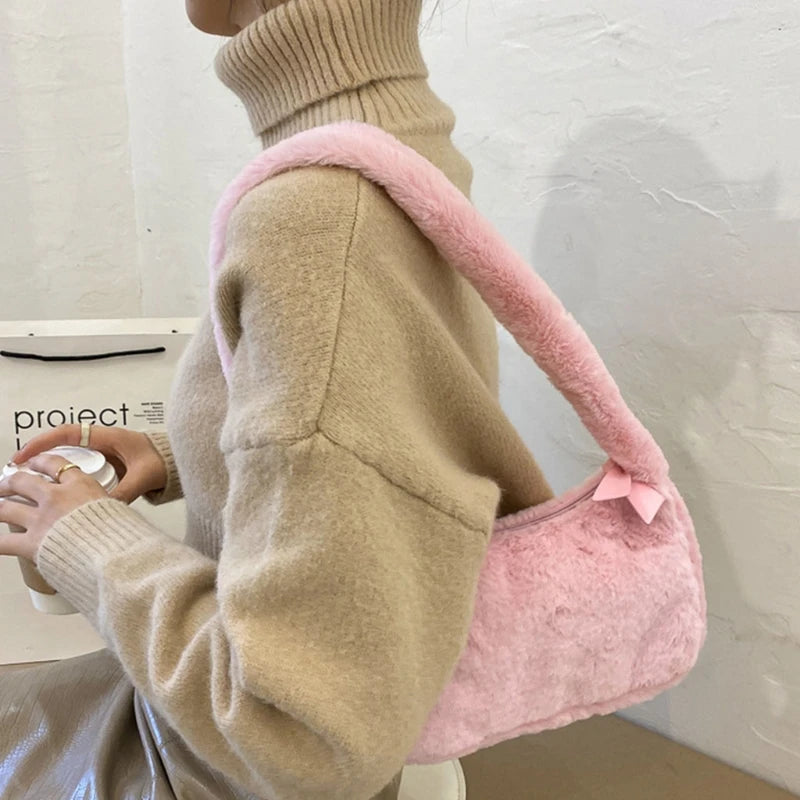 Fluffy Underarm Bag for Women - Y2K Furry Purse Tote