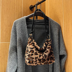 Leopard Faux Fur Underarm Bag Soft Warm Vintage Style for Autumn Winter
