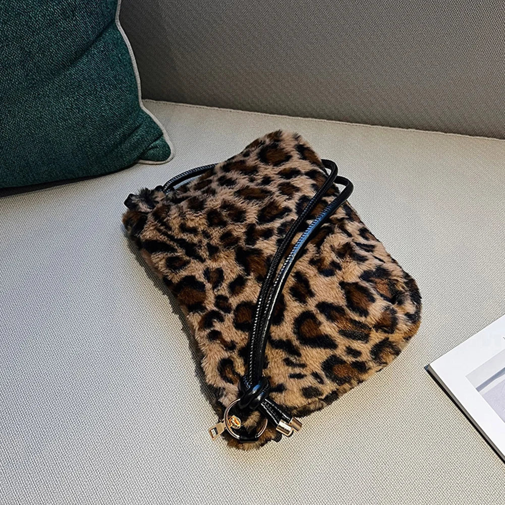 Leopard Faux Fur Underarm Bag Soft Warm Vintage Style for Autumn Winter