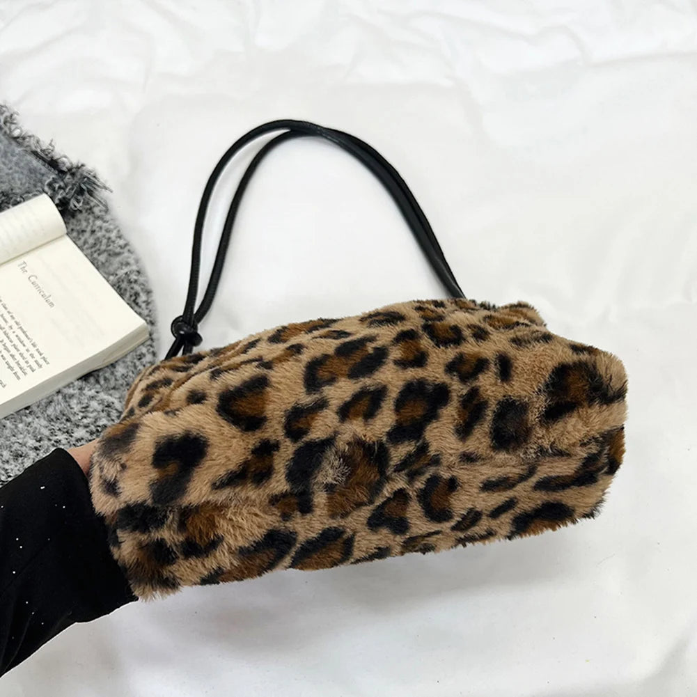 Leopard Faux Fur Underarm Bag Soft Warm Vintage Style for Autumn Winter