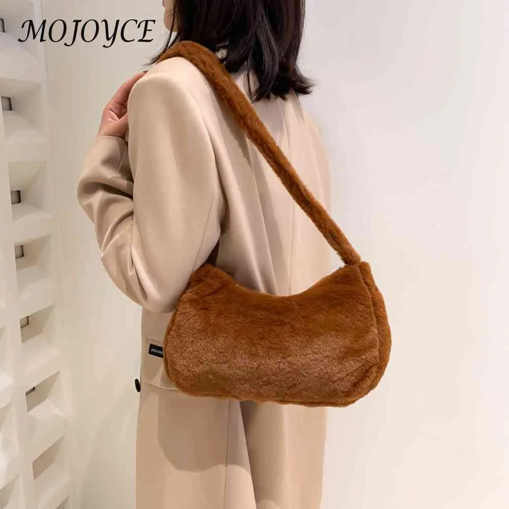 Fluffy Underarm Bags Love Heart Printed Warm Tote Bag for Street Travel