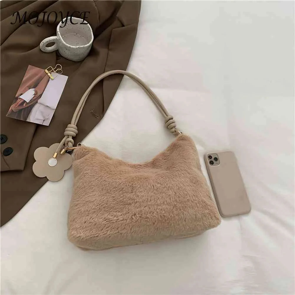 Soft Plush Underarm Bag with Flower Pendant
