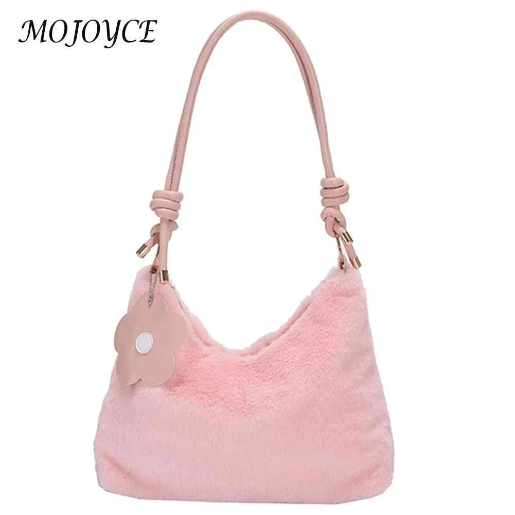 Soft Plush Underarm Bag with Flower Pendant