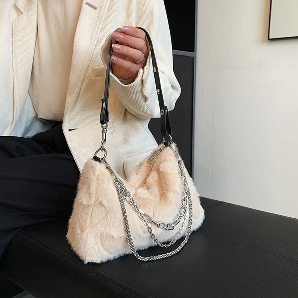 Plush Underarm Handbags Soft Fluffy Messenger Bag Chains Solid for Travel