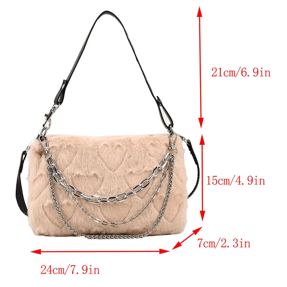 Plush Underarm Handbags Soft Fluffy Messenger Bag Chains Solid for Travel