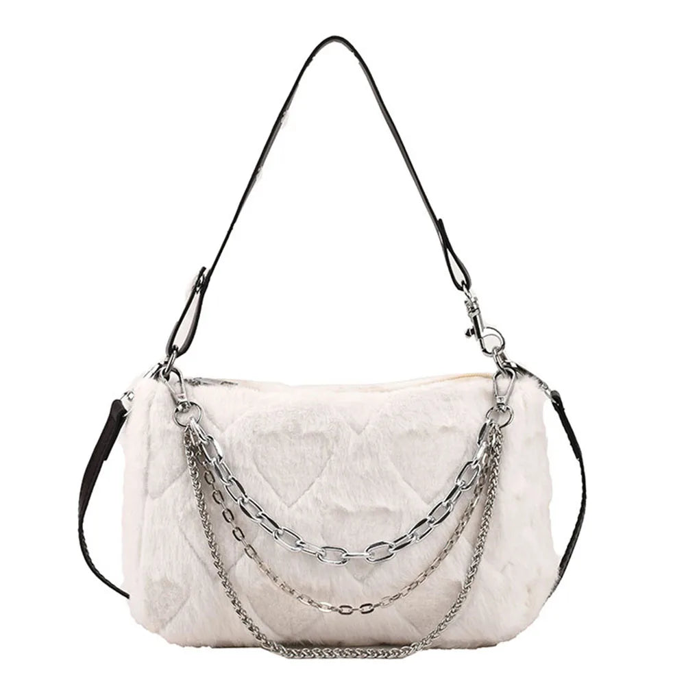 Plush Underarm Handbags Soft Fluffy Messenger Bag Chains Solid for Travel