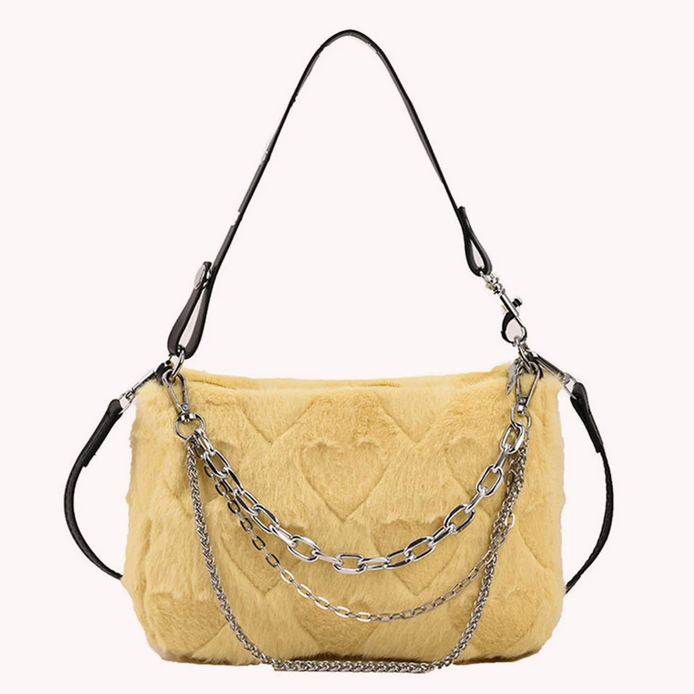 Plush Underarm Handbags Soft Fluffy Messenger Bag Chains Solid for Travel