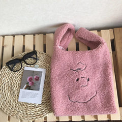 Winter Cartoon Handbags Face Embroidery Hand Bag Women Solid Ladies Bag Tote