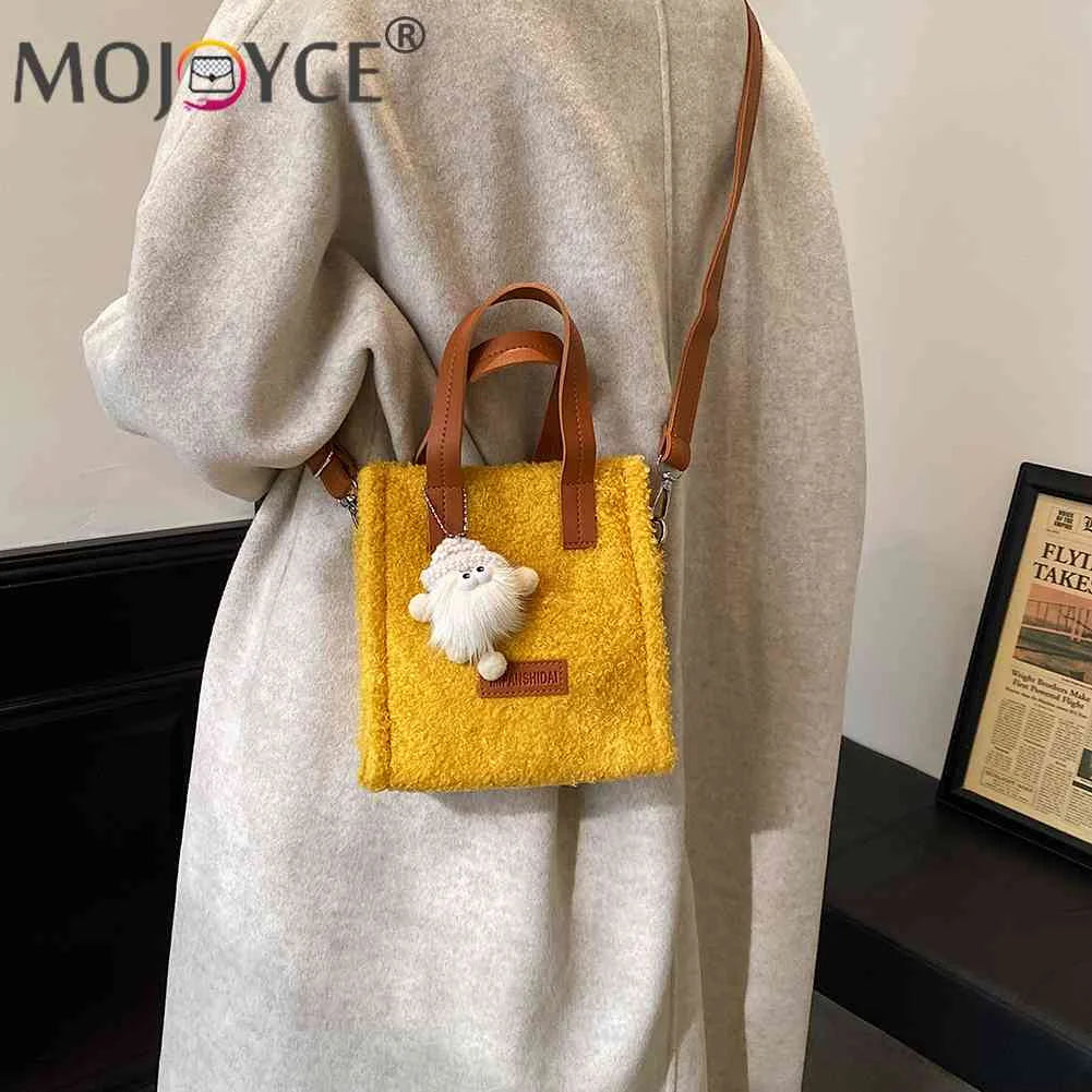 Plush Crossbody Bag with Pendant for Winter, Soft and Warm Women Handbag