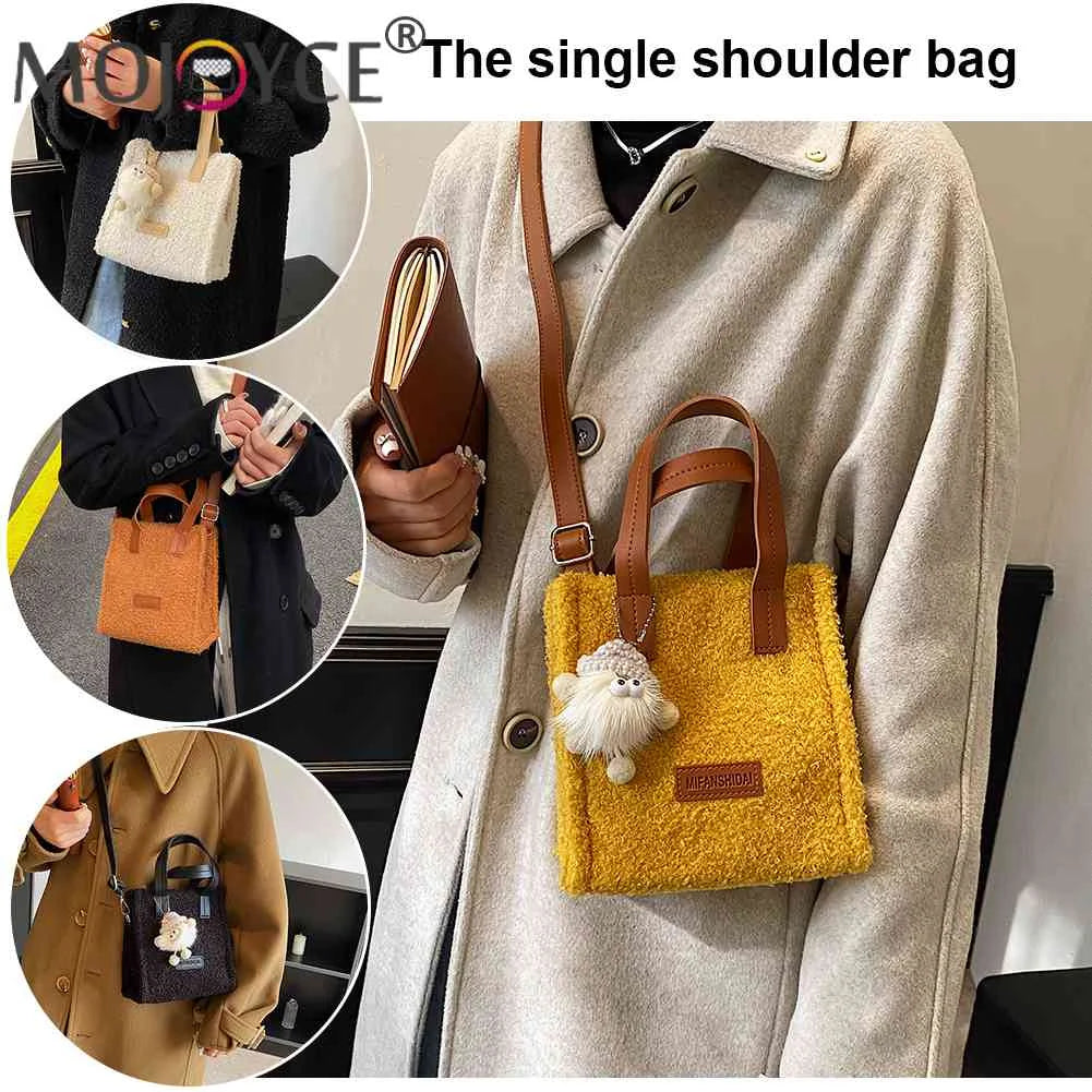Plush Crossbody Bag with Pendant for Winter, Soft and Warm Women Handbag