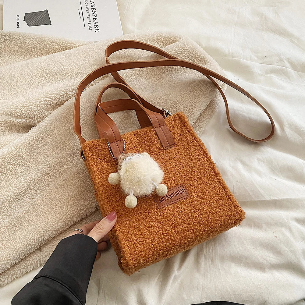 Plush Women Crossbody Bag Winter Messenger Bag with Pendant
