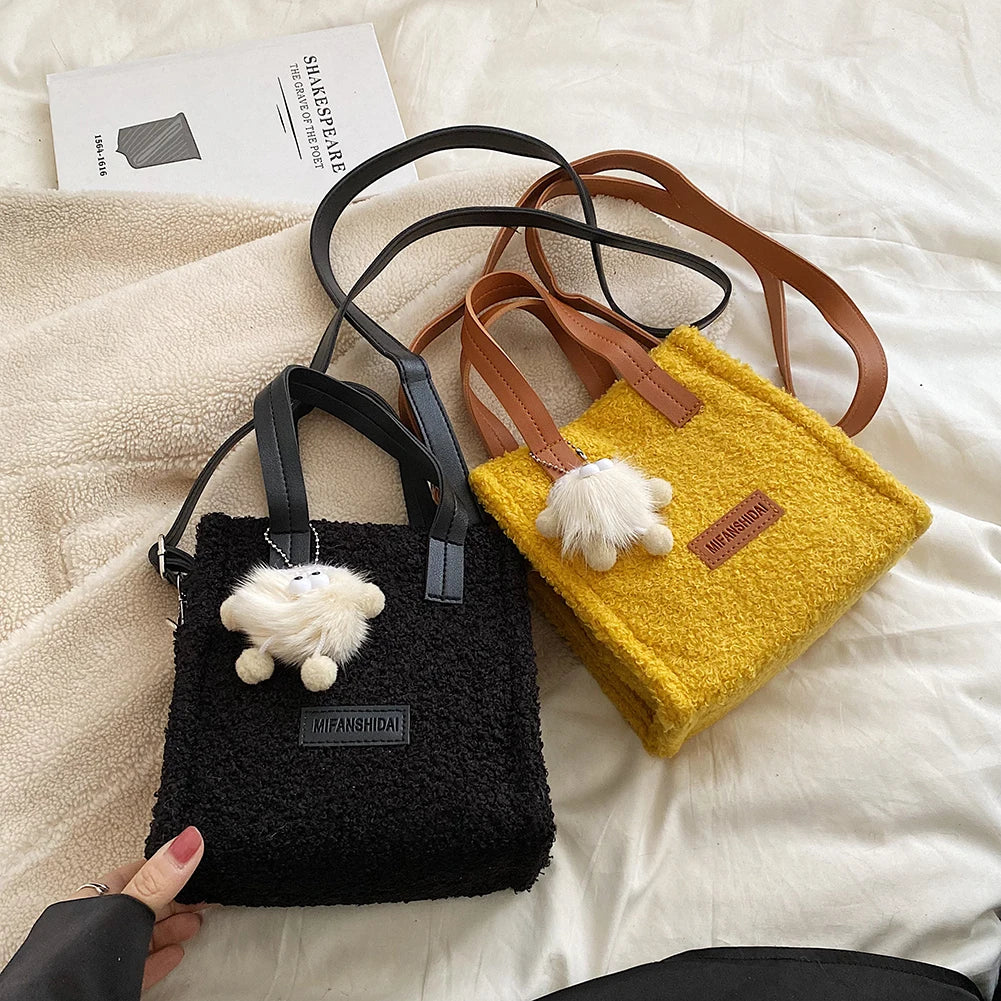 Plush Women Crossbody Bag Winter Messenger Bag with Pendant
