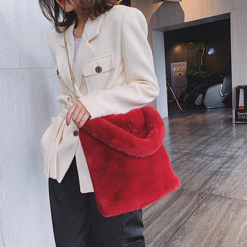 Plush Women Handbag Winter Fur Ladies Large Shoulder Bag Clutch Big Casual Tote